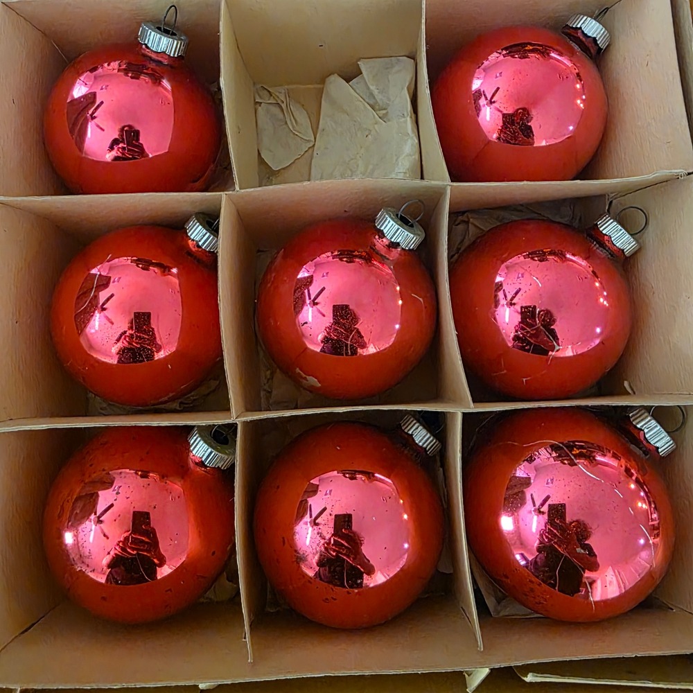 VTG Shiny Brite Hot Pink Mercury Glass Christmas Ornaments Set 8 Made USA 2.6"